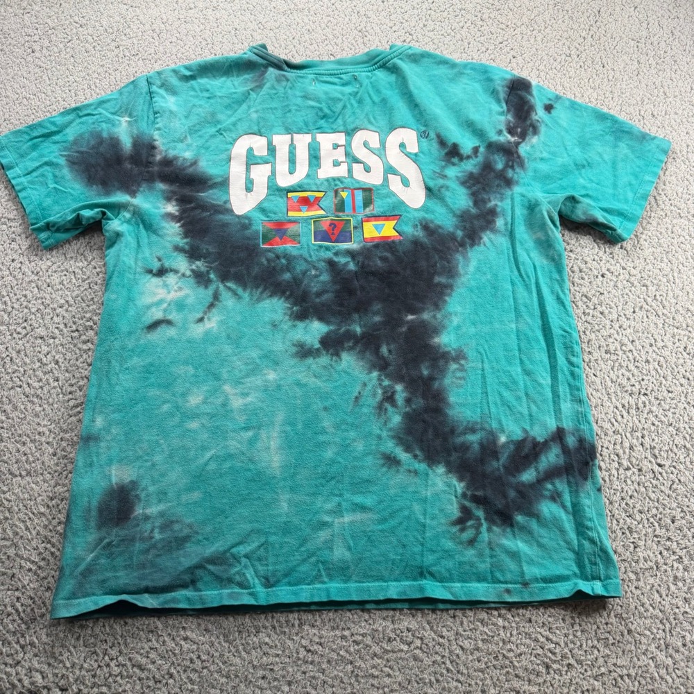 Guess Originals Mens Teal Black Tie Dye Nautical Flag Graphic T-Shirt Small - Picture 3 of 7